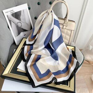 2/$30 NEW Retro White Navy Square Printed Silky Fashion Scarf Swirly Circles